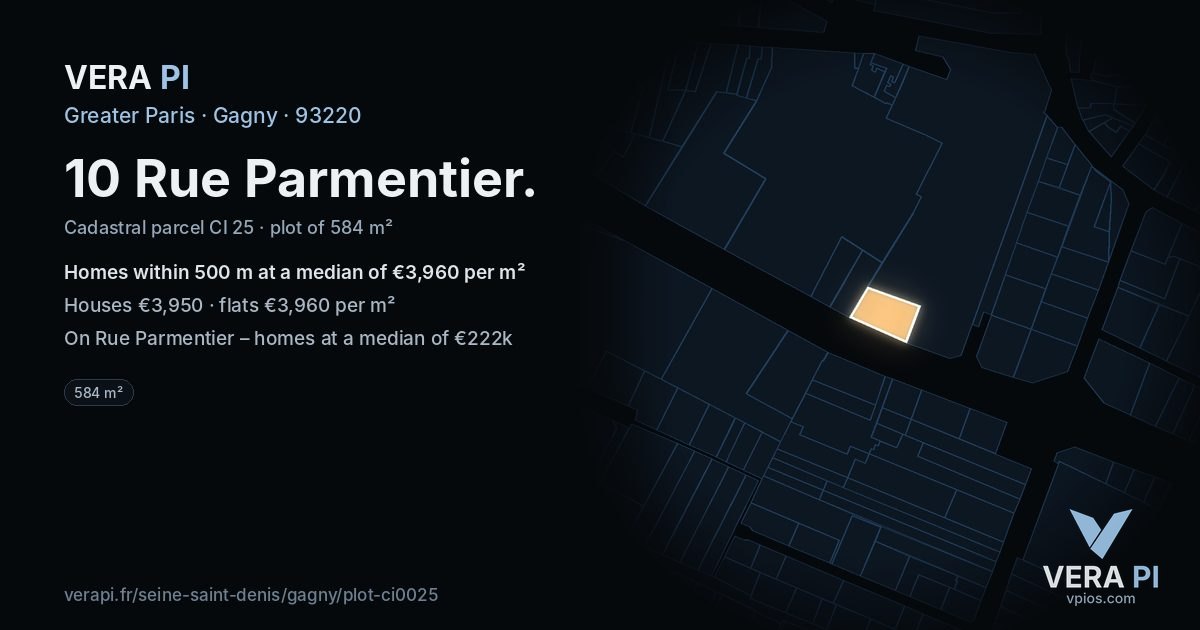 10 Rue Parmentier, Gagny at night – the plot lit, the parcels around coloured by the prices near them