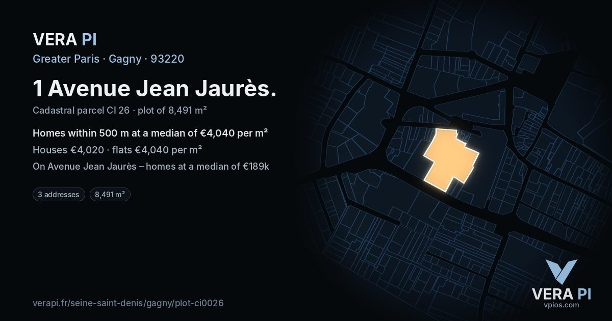 1 Avenue Jean Jaurès, Gagny at night – the plot lit, the parcels around coloured by the prices near them