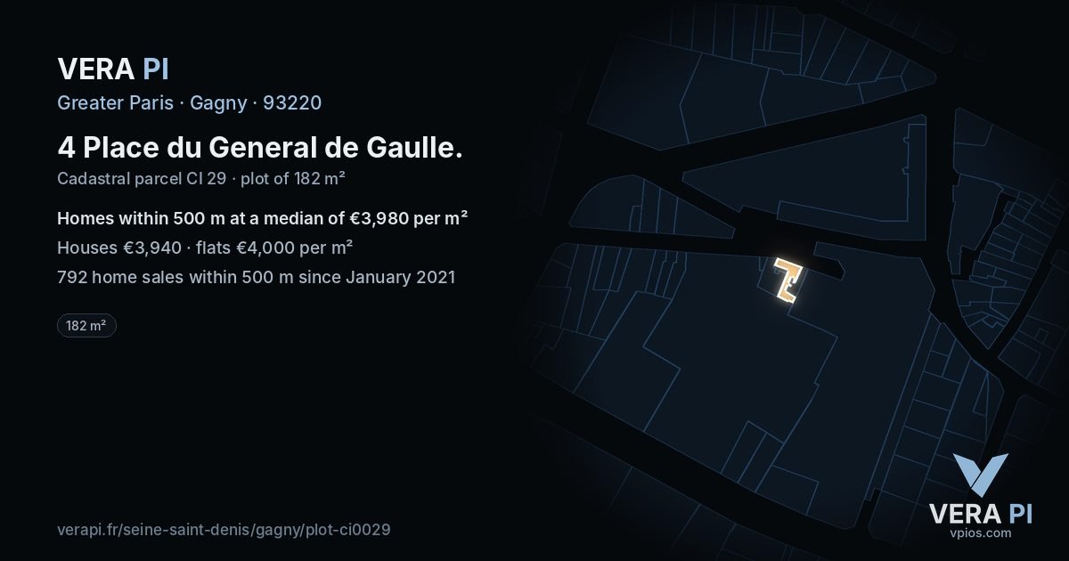 4 Place du General de Gaulle, Gagny at night – the plot lit, the parcels around coloured by the prices near them