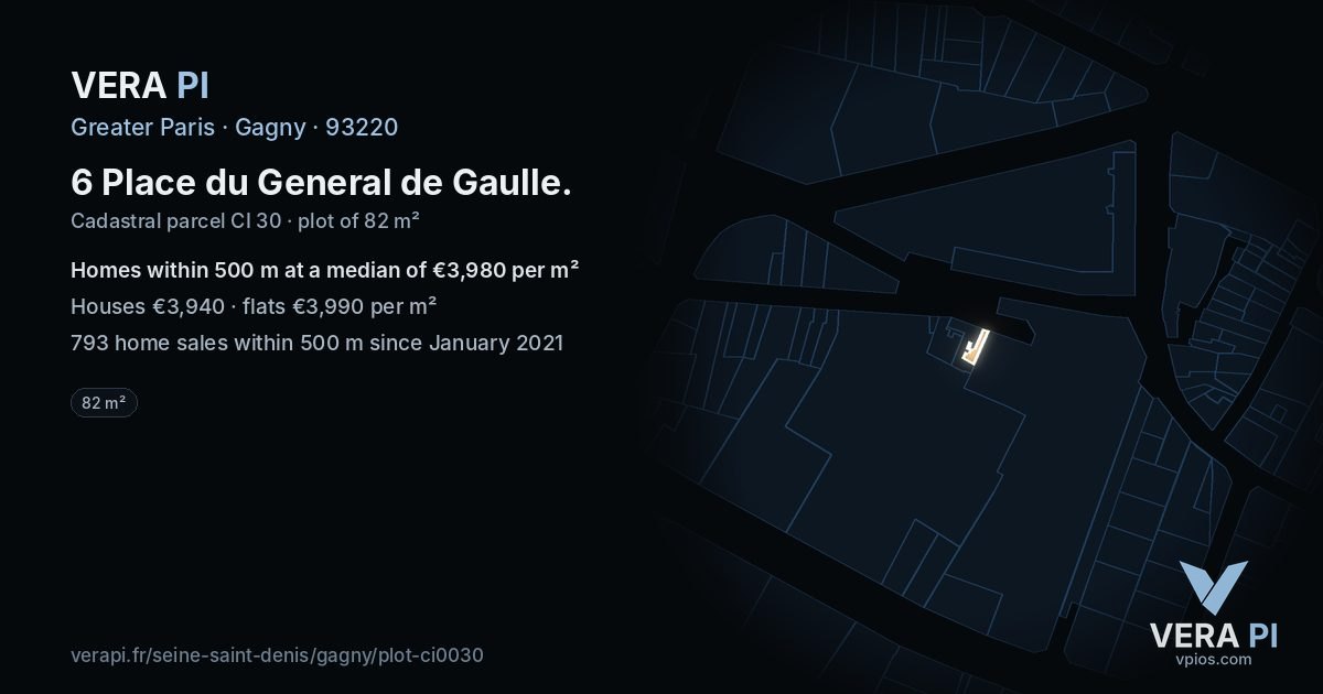 6 Place du General de Gaulle, Gagny at night – the plot lit, the parcels around coloured by the prices near them