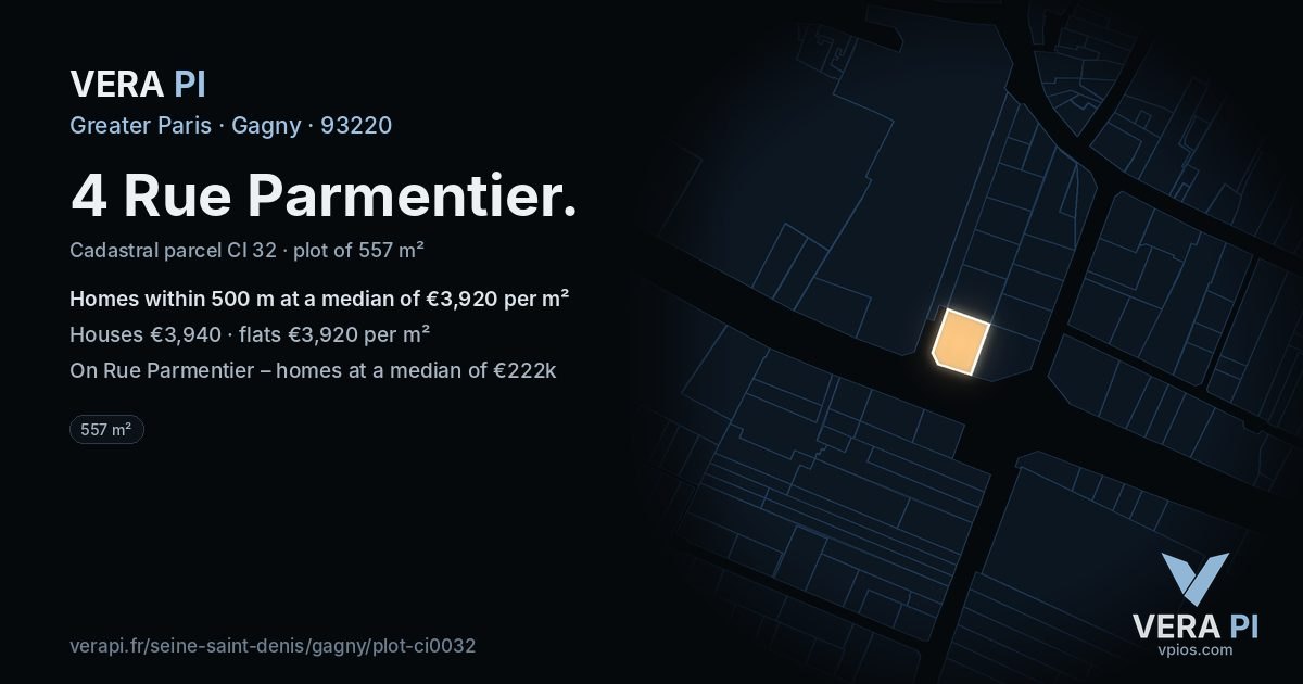 4 Rue Parmentier, Gagny at night – the plot lit, the parcels around coloured by the prices near them