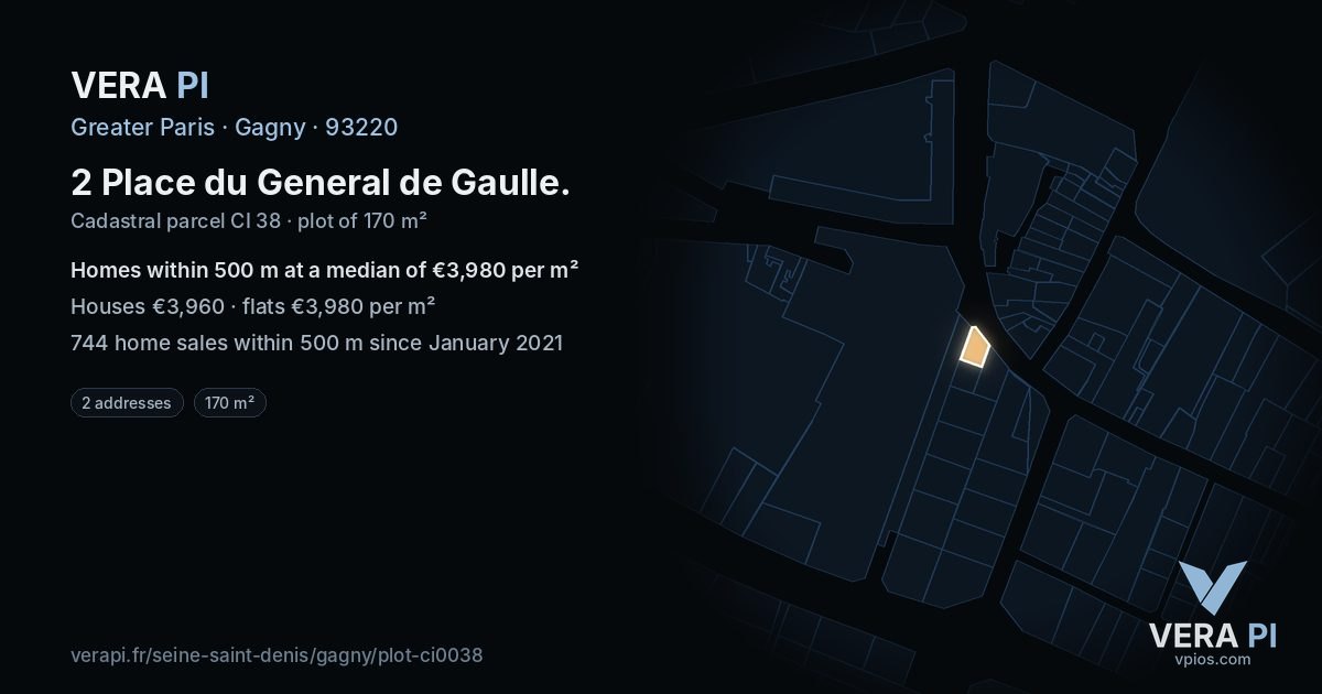 2 Place du General de Gaulle, Gagny at night – the plot lit, the parcels around coloured by the prices near them