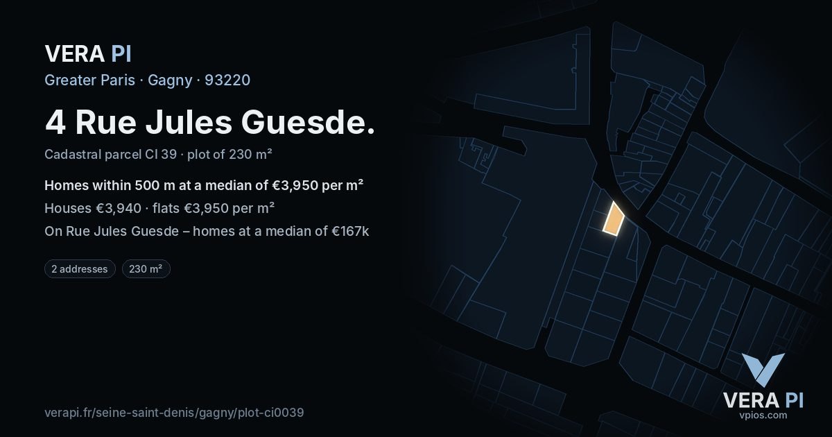 4 Rue Jules Guesde, Gagny at night – the plot lit, the parcels around coloured by the prices near them