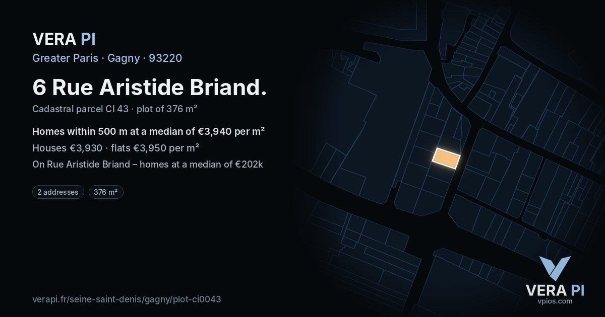 6 Rue Aristide Briand, Gagny at night – the plot lit, the parcels around coloured by the prices near them
