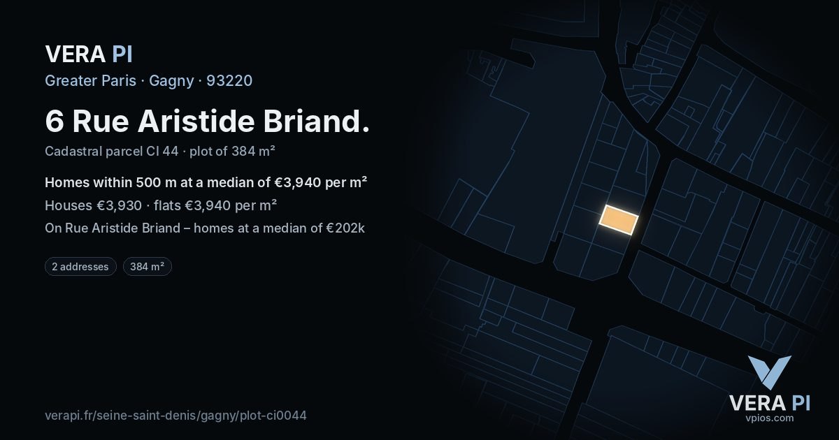 6 Rue Aristide Briand, Gagny at night – the plot lit, the parcels around coloured by the prices near them