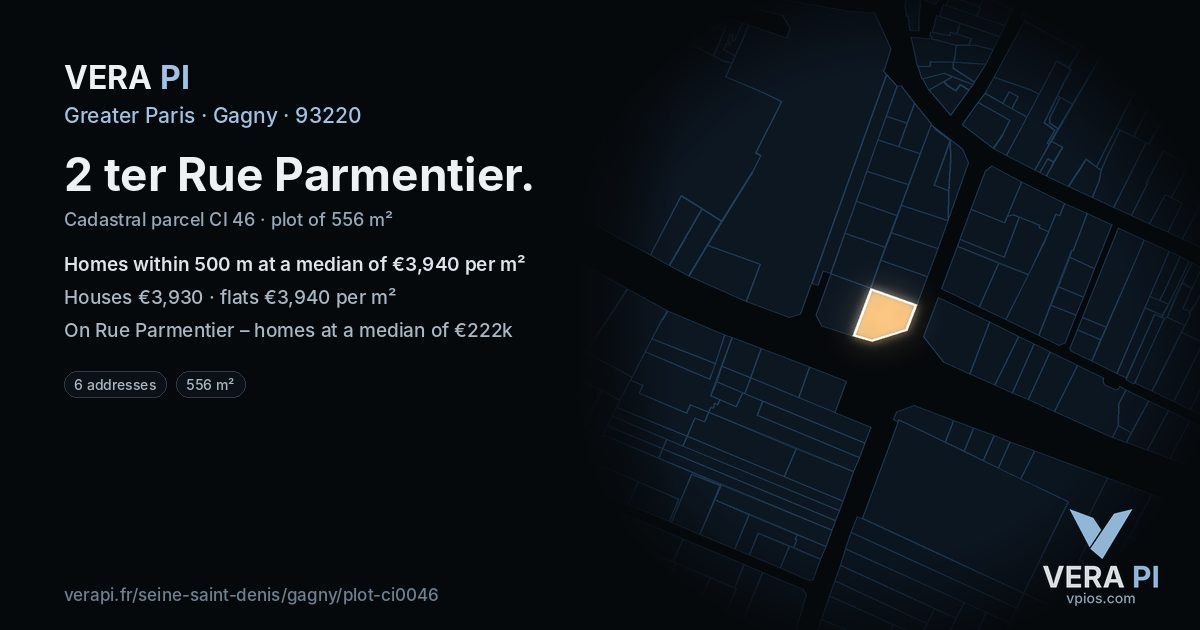 2 ter Rue Parmentier, Gagny at night – the plot lit, the parcels around coloured by the prices near them