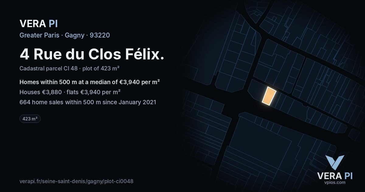 4 Rue du Clos Félix, Gagny at night – the plot lit, the parcels around coloured by the prices near them