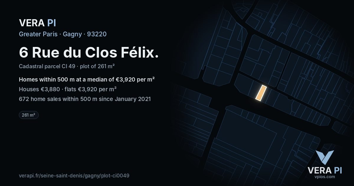 6 Rue du Clos Félix, Gagny at night – the plot lit, the parcels around coloured by the prices near them