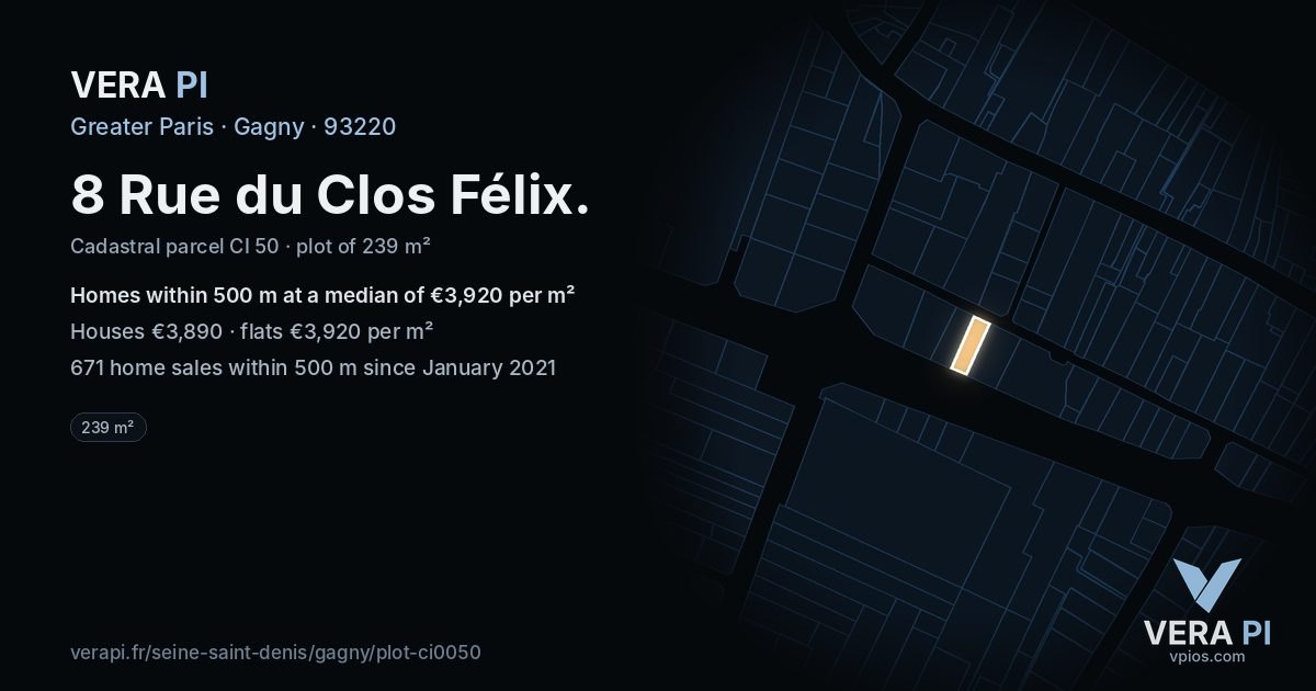 8 Rue du Clos Félix, Gagny at night – the plot lit, the parcels around coloured by the prices near them