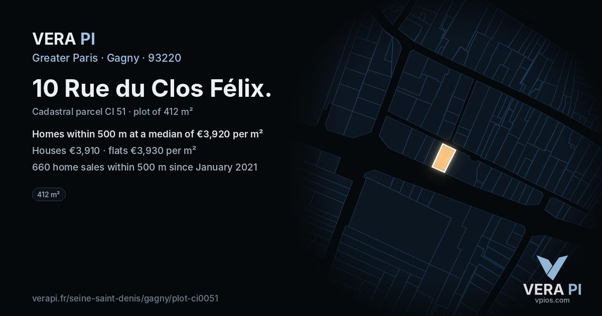 10 Rue du Clos Félix, Gagny at night – the plot lit, the parcels around coloured by the prices near them