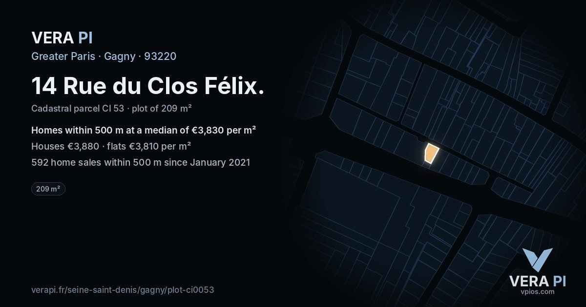 14 Rue du Clos Félix, Gagny at night – the plot lit, the parcels around coloured by the prices near them