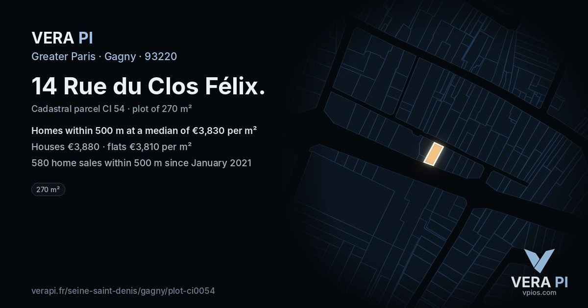 14 Rue du Clos Félix, Gagny at night – the plot lit, the parcels around coloured by the prices near them