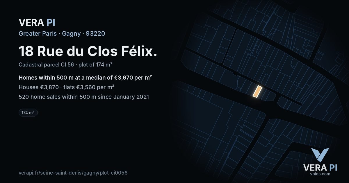 18 Rue du Clos Félix, Gagny at night – the plot lit, the parcels around coloured by the prices near them