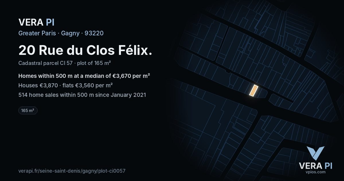 20 Rue du Clos Félix, Gagny at night – the plot lit, the parcels around coloured by the prices near them
