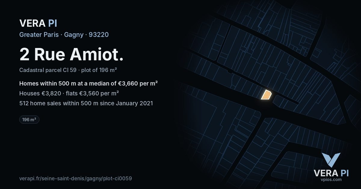 2 Rue Amiot, Gagny at night – the plot lit, the parcels around coloured by the prices near them