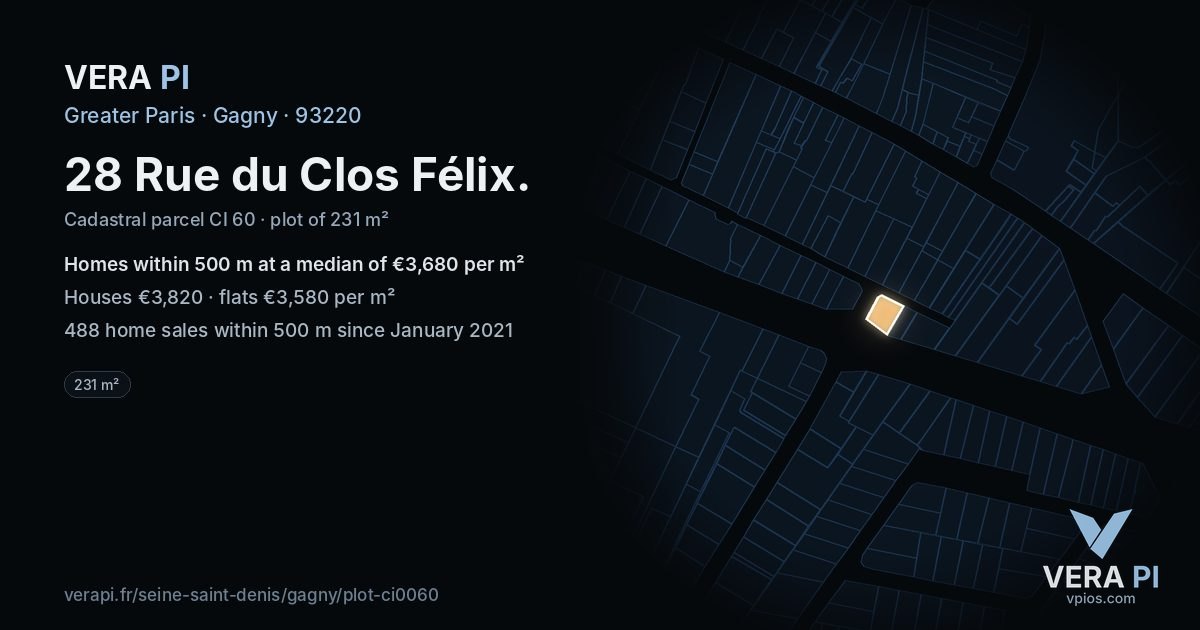 28 Rue du Clos Félix, Gagny at night – the plot lit, the parcels around coloured by the prices near them