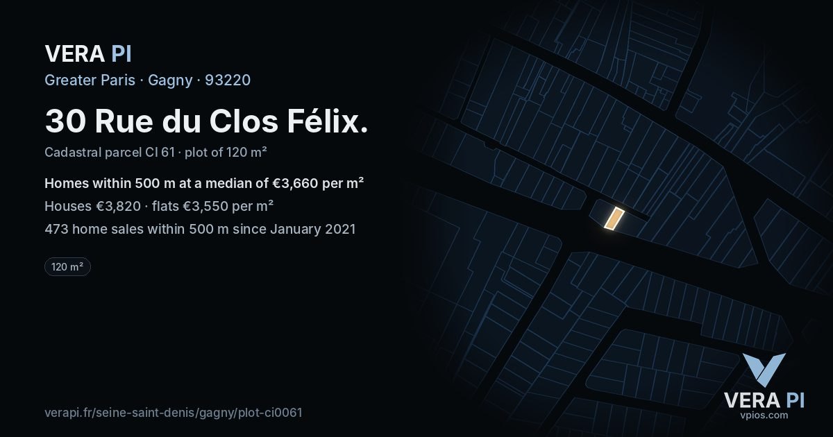 30 Rue du Clos Félix, Gagny at night – the plot lit, the parcels around coloured by the prices near them