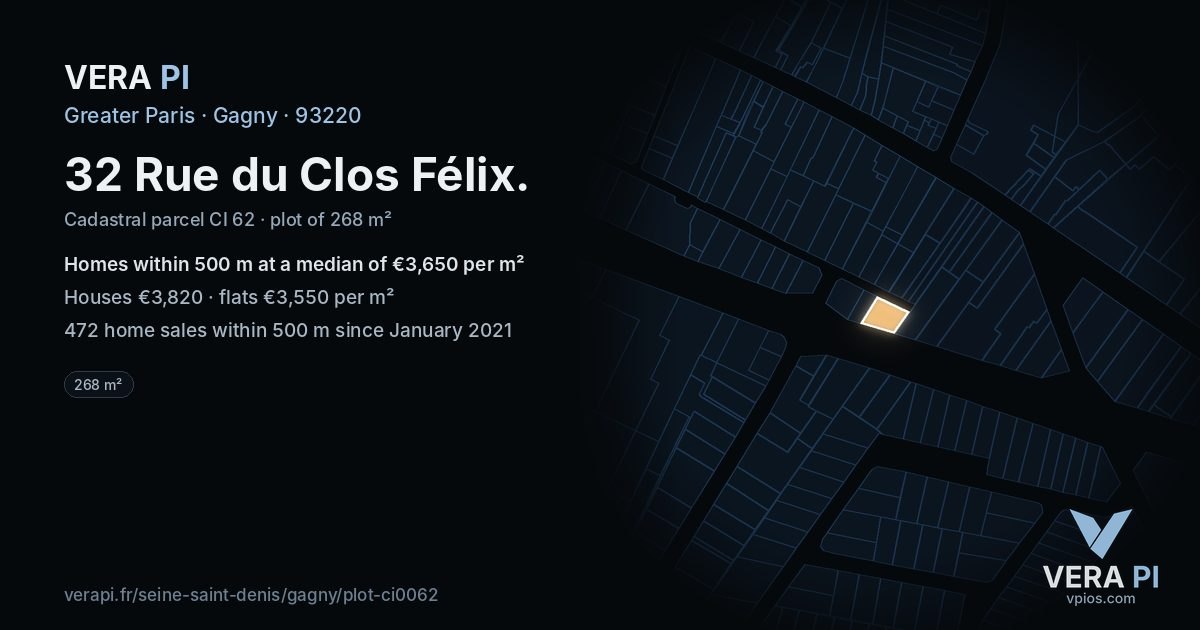 32 Rue du Clos Félix, Gagny at night – the plot lit, the parcels around coloured by the prices near them