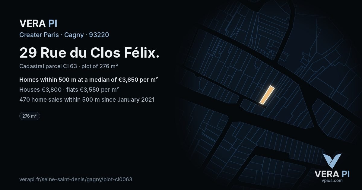 29 Rue du Clos Félix, Gagny at night – the plot lit, the parcels around coloured by the prices near them