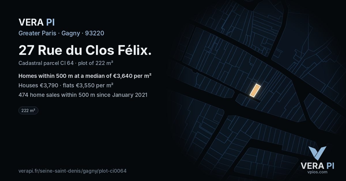 27 Rue du Clos Félix, Gagny at night – the plot lit, the parcels around coloured by the prices near them