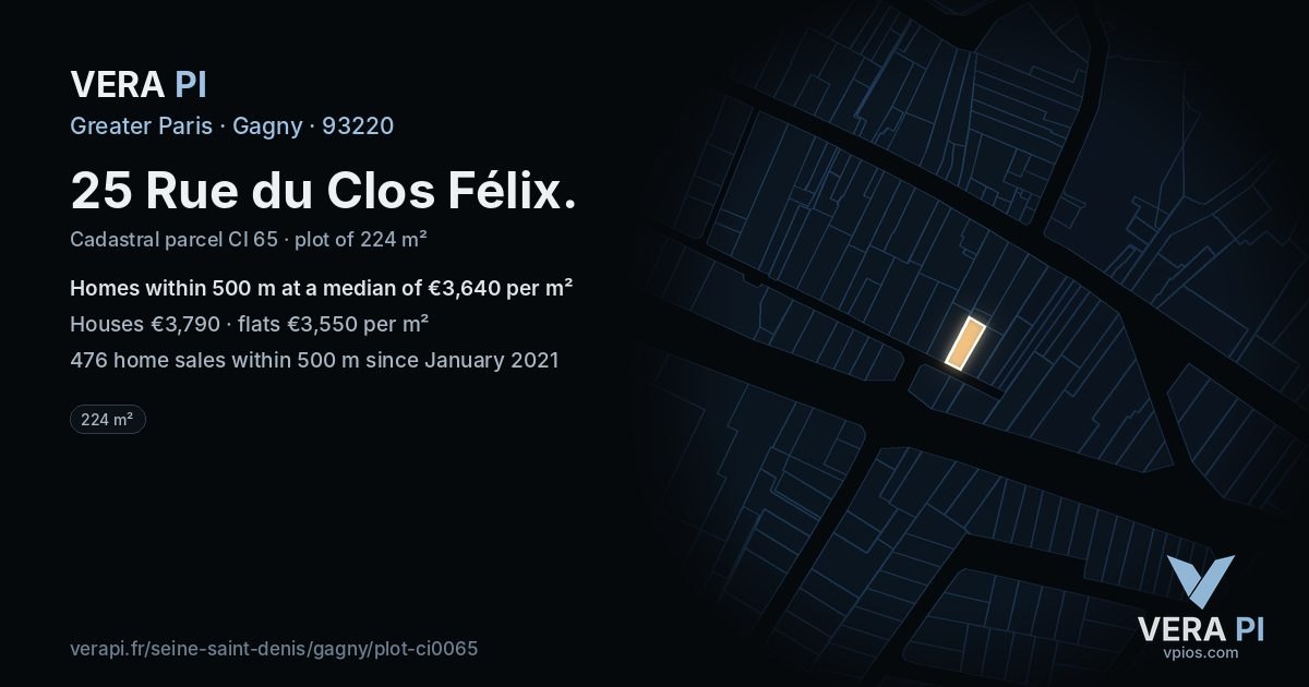 25 Rue du Clos Félix, Gagny at night – the plot lit, the parcels around coloured by the prices near them