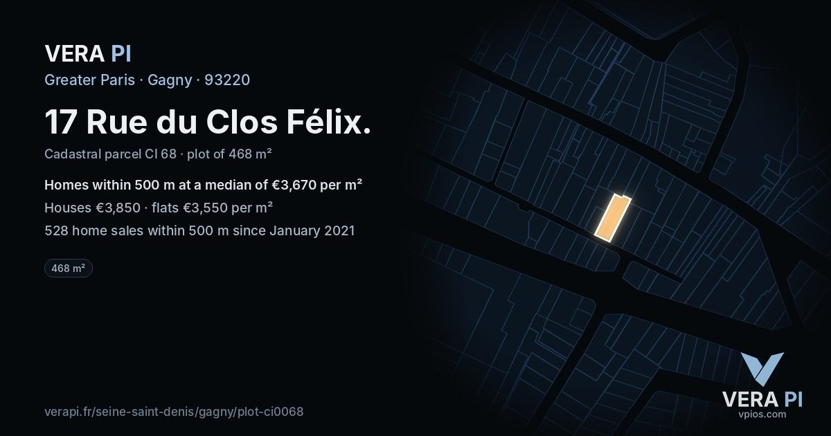 17 Rue du Clos Félix, Gagny at night – the plot lit, the parcels around coloured by the prices near them