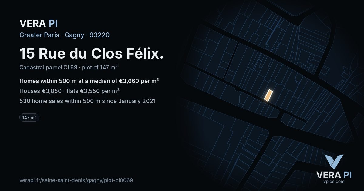 15 Rue du Clos Félix, Gagny at night – the plot lit, the parcels around coloured by the prices near them