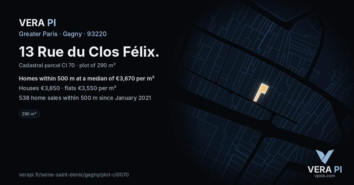 13 Rue du Clos Félix, Gagny at night – the plot lit, the parcels around coloured by the prices near them