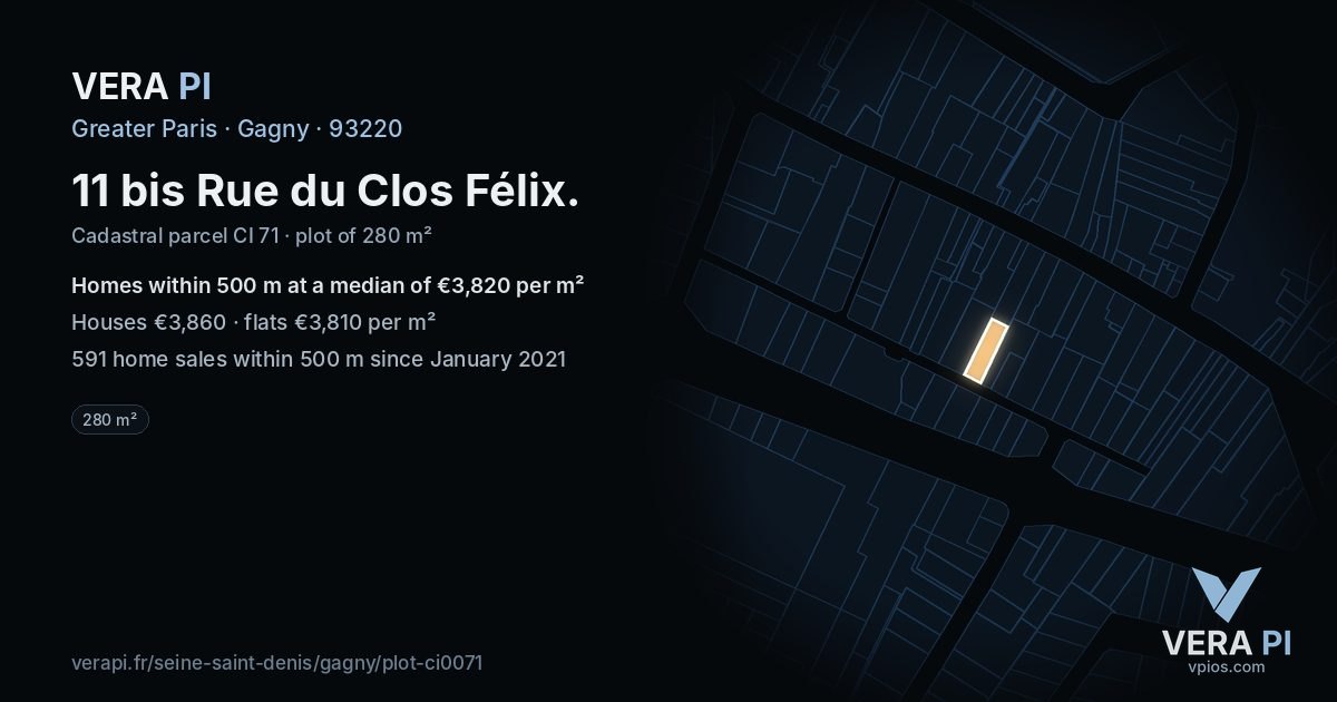 11 bis Rue du Clos Félix, Gagny at night – the plot lit, the parcels around coloured by the prices near them