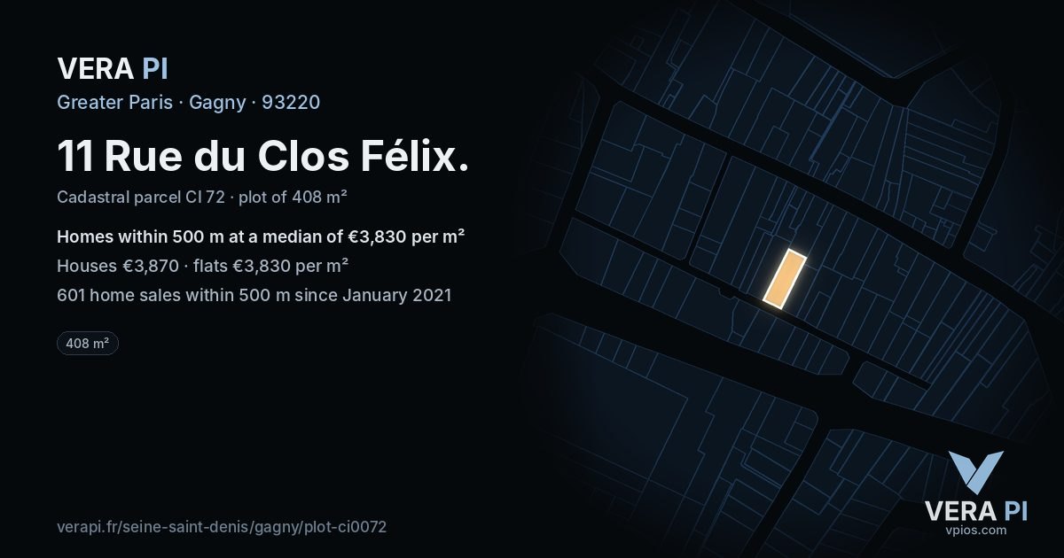 11 Rue du Clos Félix, Gagny at night – the plot lit, the parcels around coloured by the prices near them