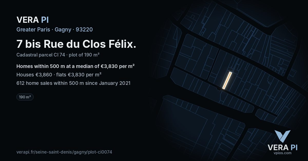 7 bis Rue du Clos Félix, Gagny at night – the plot lit, the parcels around coloured by the prices near them