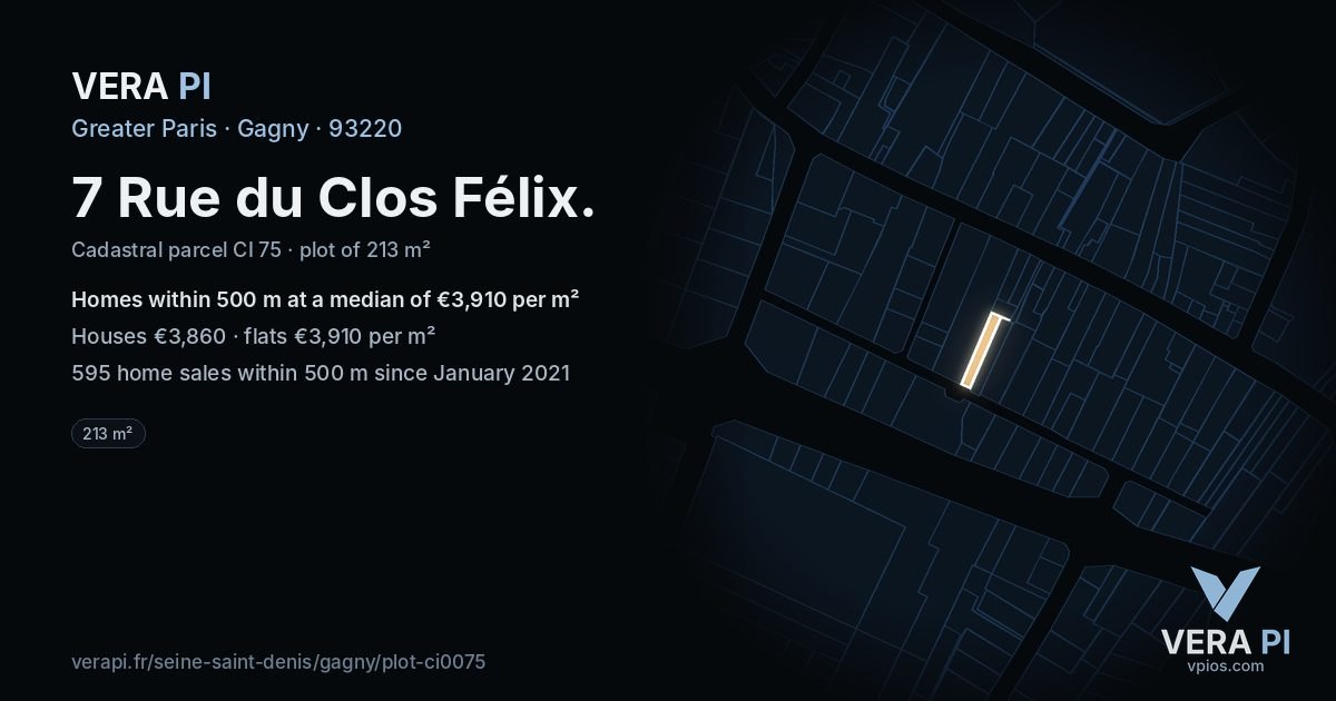 7 Rue du Clos Félix, Gagny at night – the plot lit, the parcels around coloured by the prices near them
