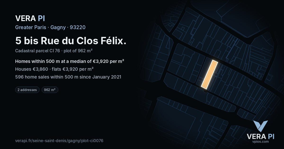 5 bis Rue du Clos Félix, Gagny at night – the plot lit, the parcels around coloured by the prices near them