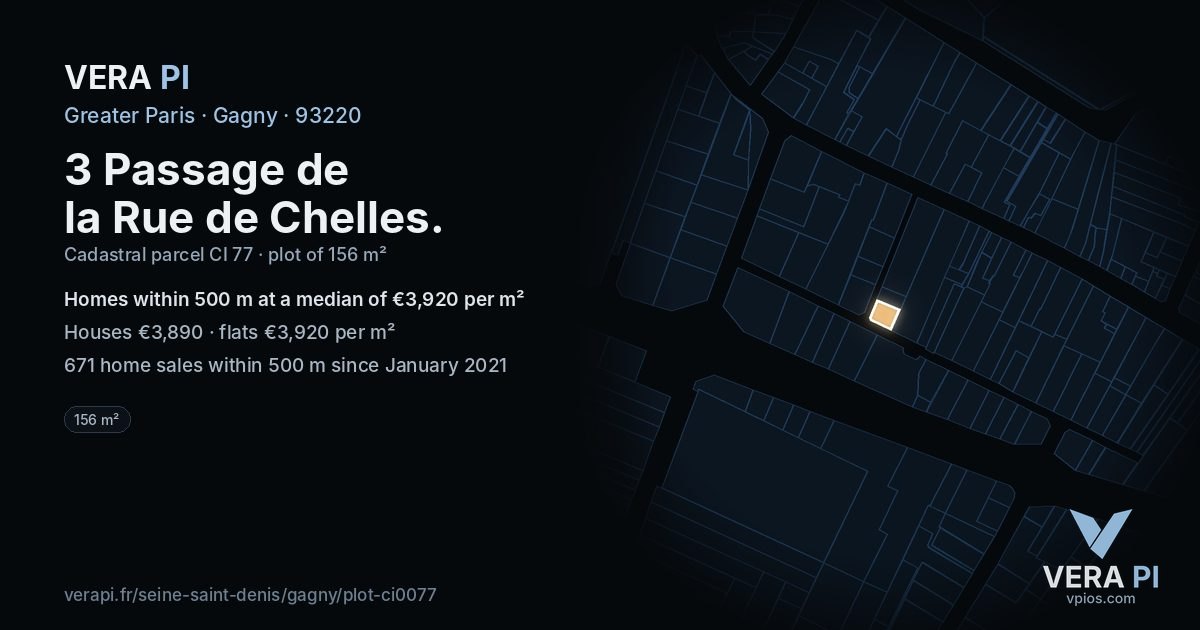 3 Passage de la Rue de Chelles, Gagny at night – the plot lit, the parcels around coloured by the prices near them
