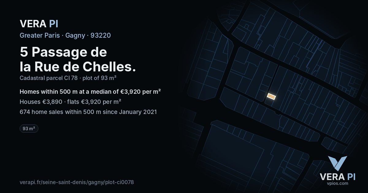 5 Passage de la Rue de Chelles, Gagny at night – the plot lit, the parcels around coloured by the prices near them