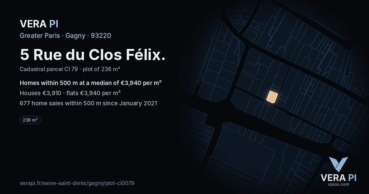 5 Rue du Clos Félix, Gagny at night – the plot lit, the parcels around coloured by the prices near them