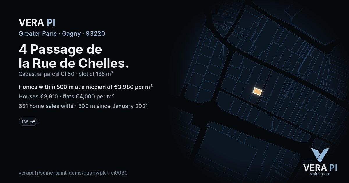 4 Passage de la Rue de Chelles, Gagny at night – the plot lit, the parcels around coloured by the prices near them