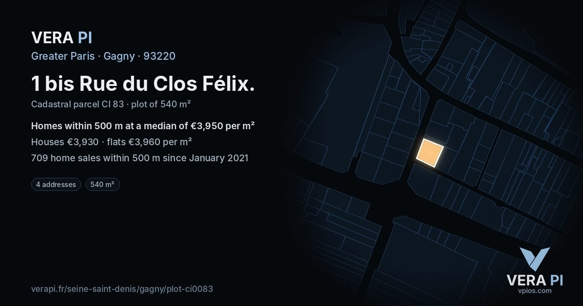 1 bis Rue du Clos Félix, Gagny at night – the plot lit, the parcels around coloured by the prices near them