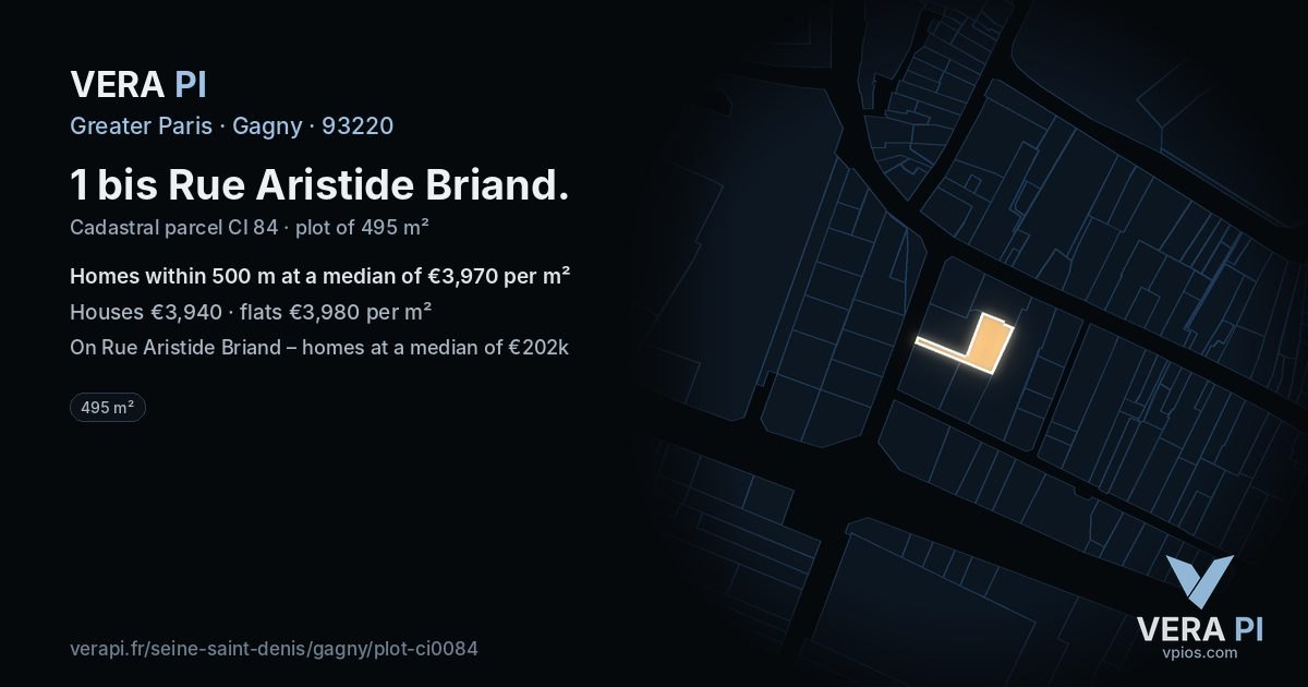1 bis Rue Aristide Briand, Gagny at night – the plot lit, the parcels around coloured by the prices near them