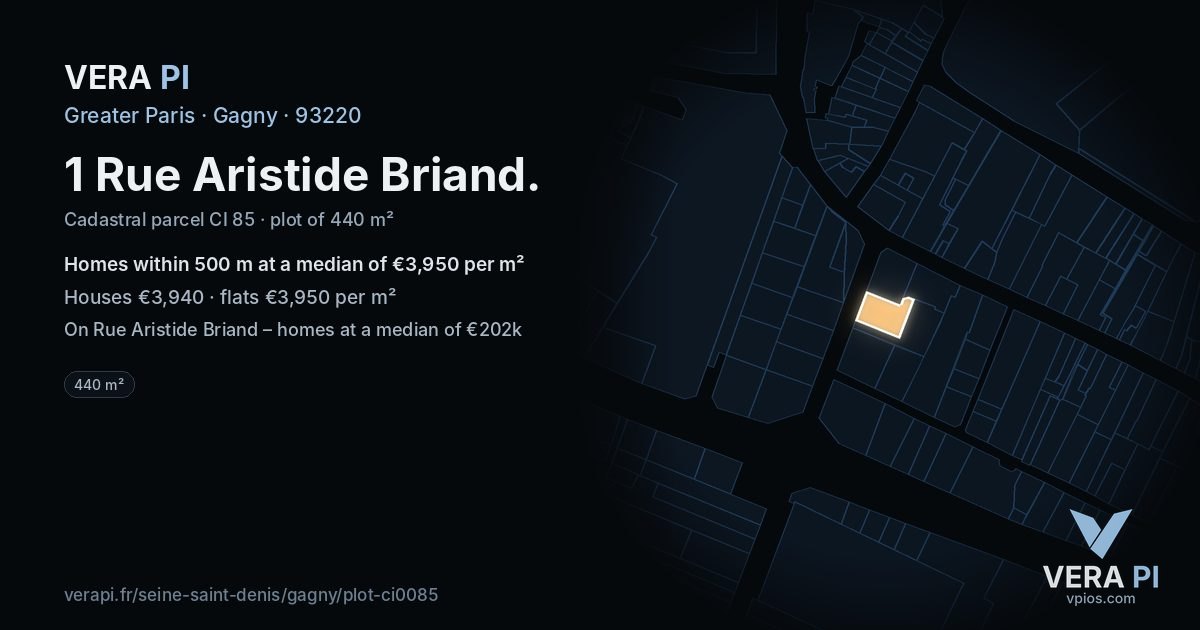 1 Rue Aristide Briand, Gagny at night – the plot lit, the parcels around coloured by the prices near them