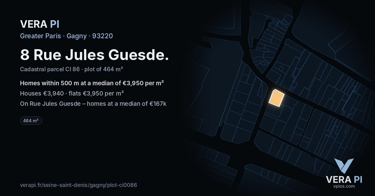 8 Rue Jules Guesde, Gagny at night – the plot lit, the parcels around coloured by the prices near them
