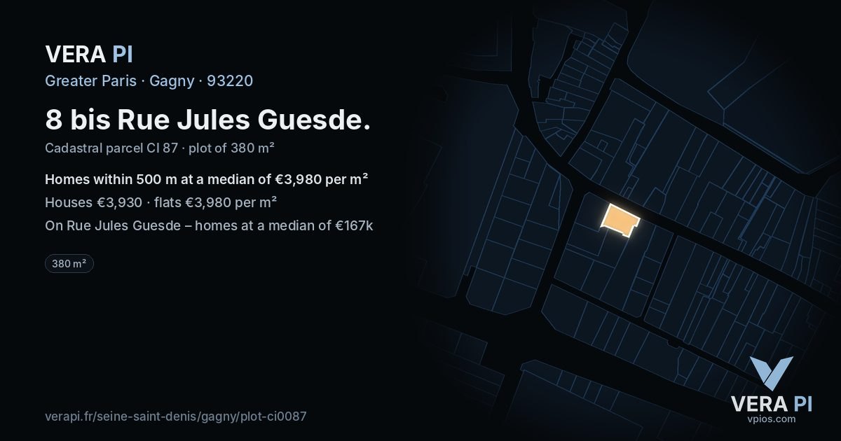8 bis Rue Jules Guesde, Gagny at night – the plot lit, the parcels around coloured by the prices near them