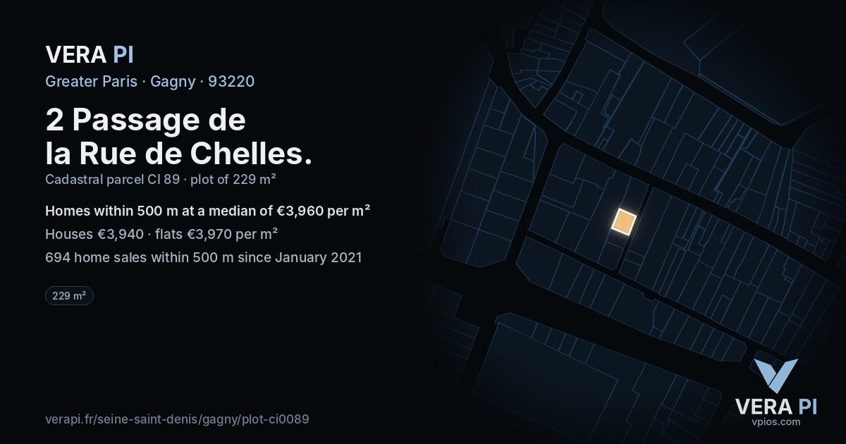 2 Passage de la Rue de Chelles, Gagny at night – the plot lit, the parcels around coloured by the prices near them