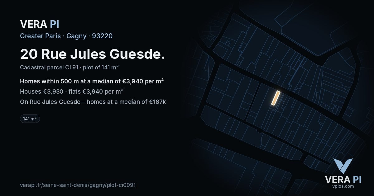 20 Rue Jules Guesde, Gagny at night – the plot lit, the parcels around coloured by the prices near them