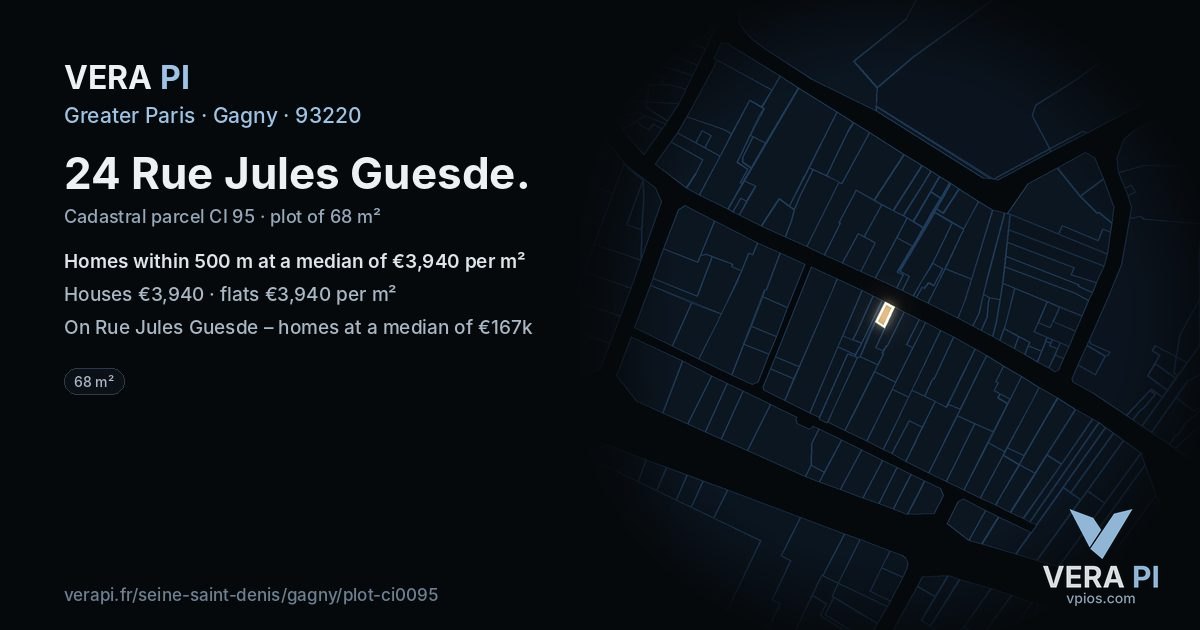 24 Rue Jules Guesde, Gagny at night – the plot lit, the parcels around coloured by the prices near them