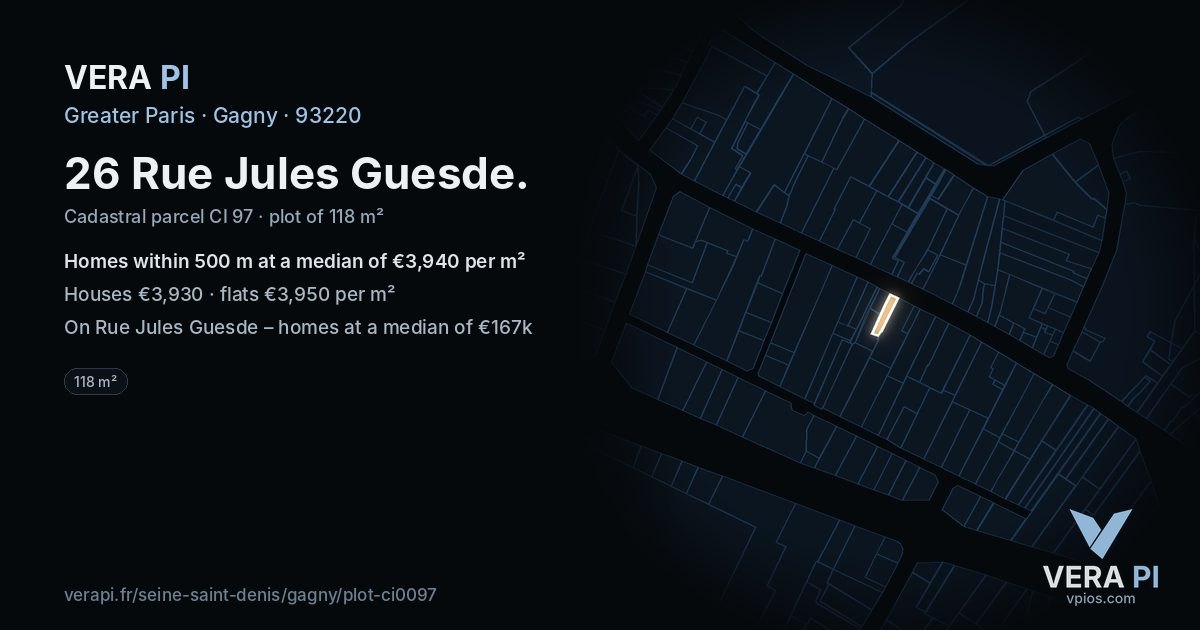 26 Rue Jules Guesde, Gagny at night – the plot lit, the parcels around coloured by the prices near them