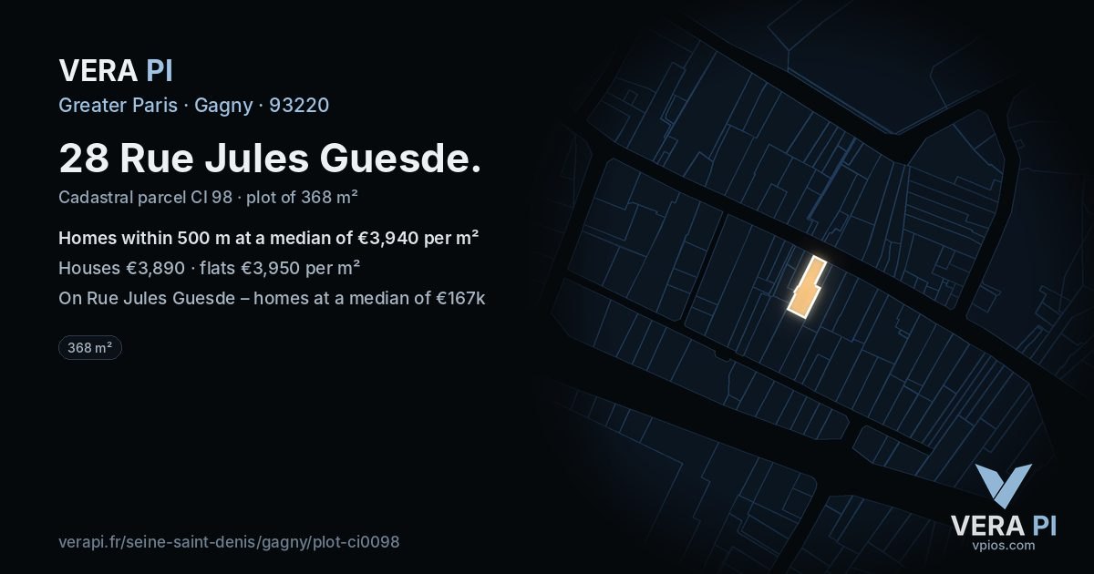28 Rue Jules Guesde, Gagny at night – the plot lit, the parcels around coloured by the prices near them