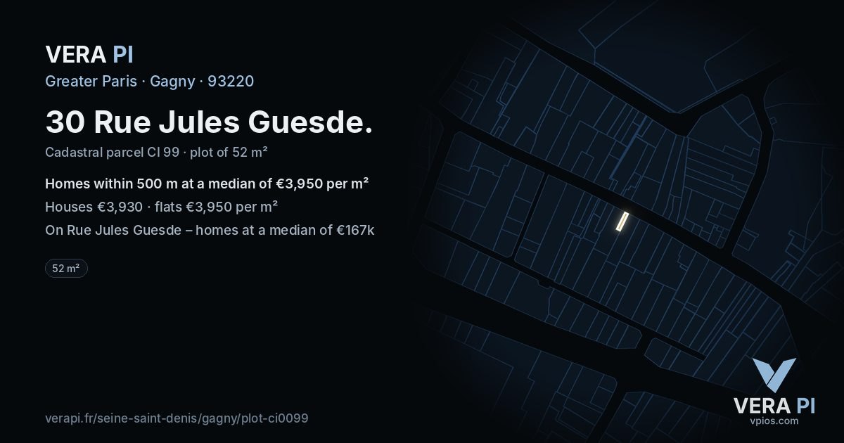 30 Rue Jules Guesde, Gagny at night – the plot lit, the parcels around coloured by the prices near them