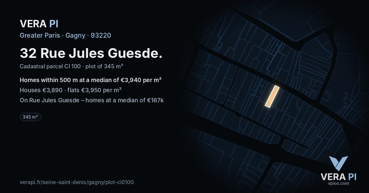 32 Rue Jules Guesde, Gagny at night – the plot lit, the parcels around coloured by the prices near them