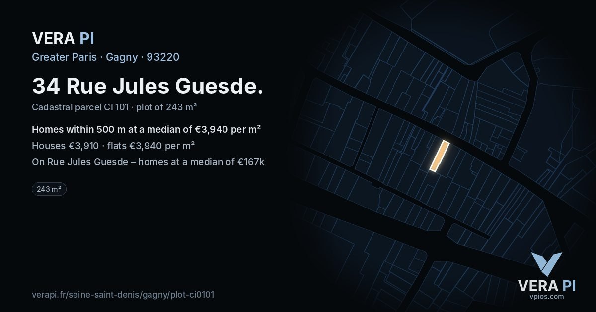 34 Rue Jules Guesde, Gagny at night – the plot lit, the parcels around coloured by the prices near them